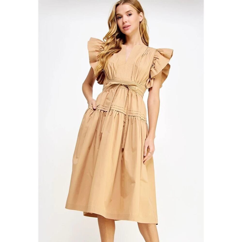 Strut & Bolt Ruffle Sleeve Midi Dress M Tan Cotton Poplin Boho Cottagecore